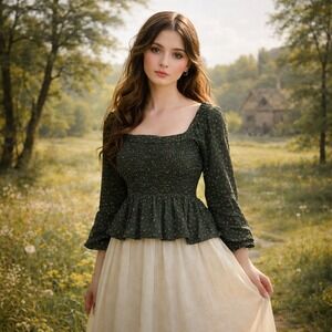 NWT Old Navy Top L Green Dark Floral Boho Babydoll Milkmaid Cottagecore Peasant